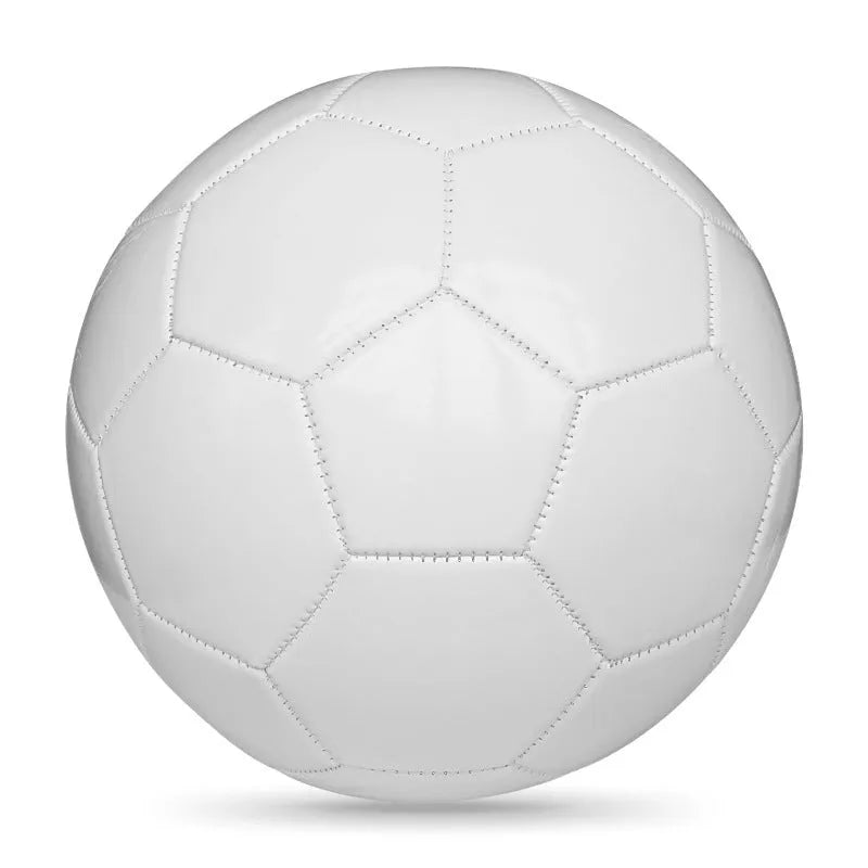 PVC machine-seam football in three sizes (No3, No4, No5) showing various colour and pattern design options.