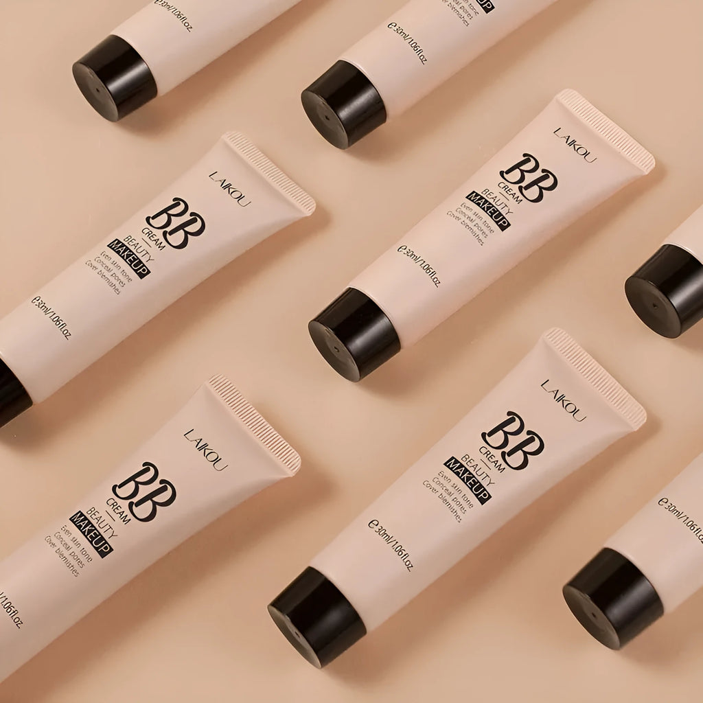 30ml tube of BB cream in natural finish with nine shade options displayed