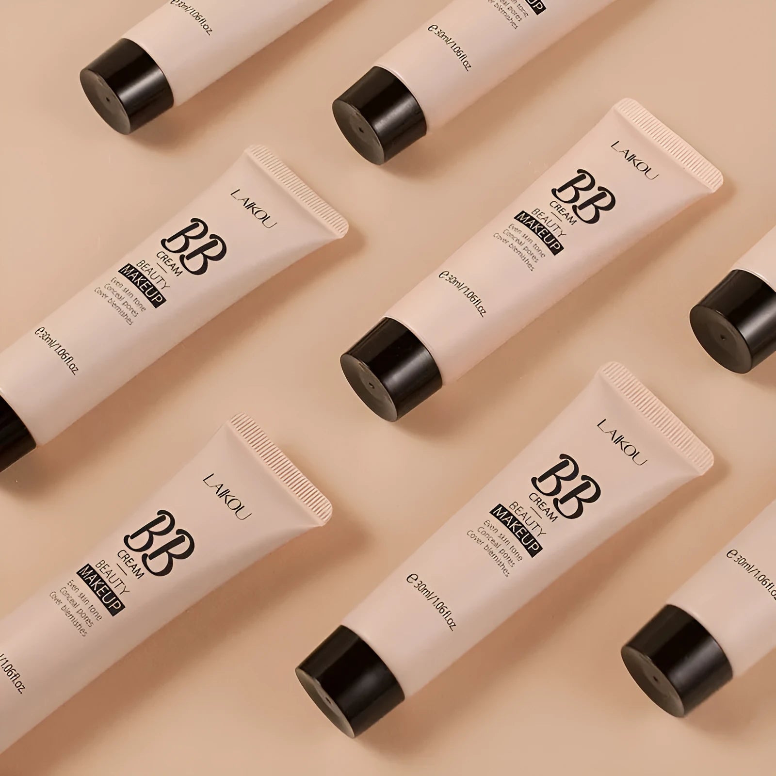 30ml tube of BB cream in natural finish with nine shade options displayed