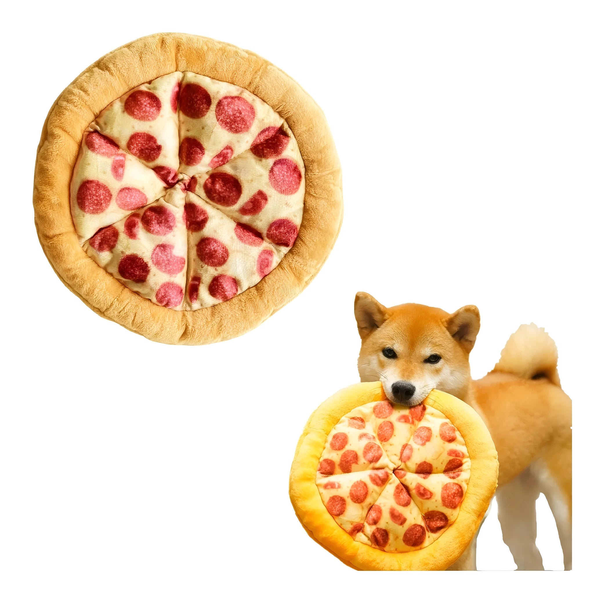 Yellow pizza design dog chewing toy with pepperoni and cheese details, 4 inches diameter