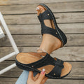 Roman-style slope heel slippers in a chosen colour, showing fish mouth toe design and rubber sole.