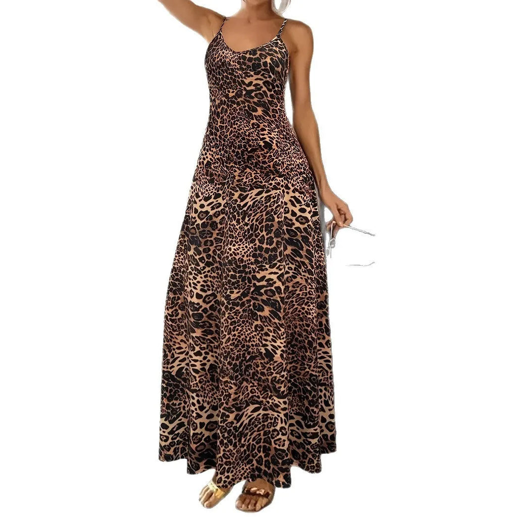 Dark brown leopard print sleeveless dress with shoulder straps and long hip skirt