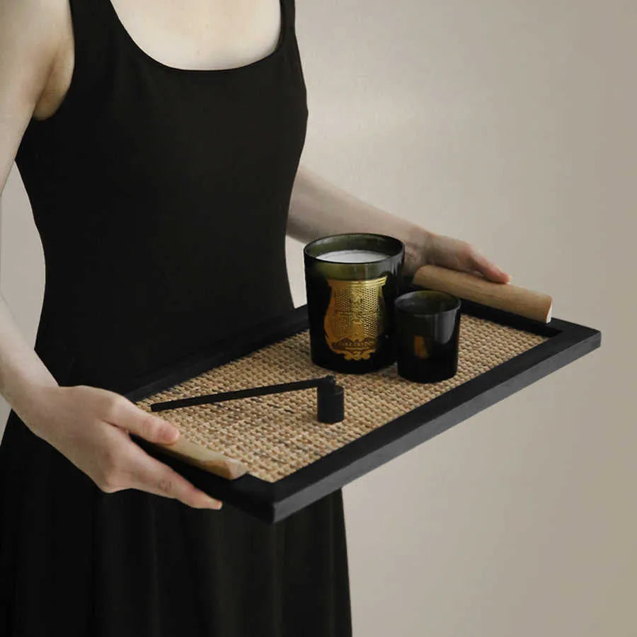Pine wood dining tray with an integrated storage compartment, shown in large and small size options.