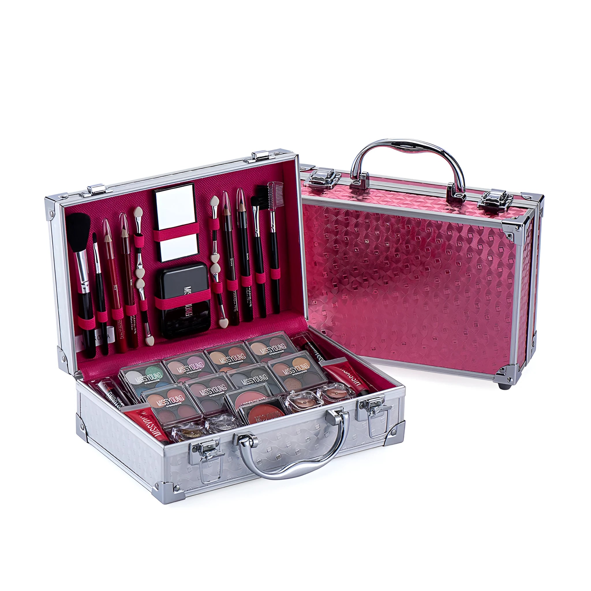 Creative Colorful Eyeshadow Lipstick Cosmetics Set in pink and silver, including lipstick, eyeshadow, and brush in a compact case