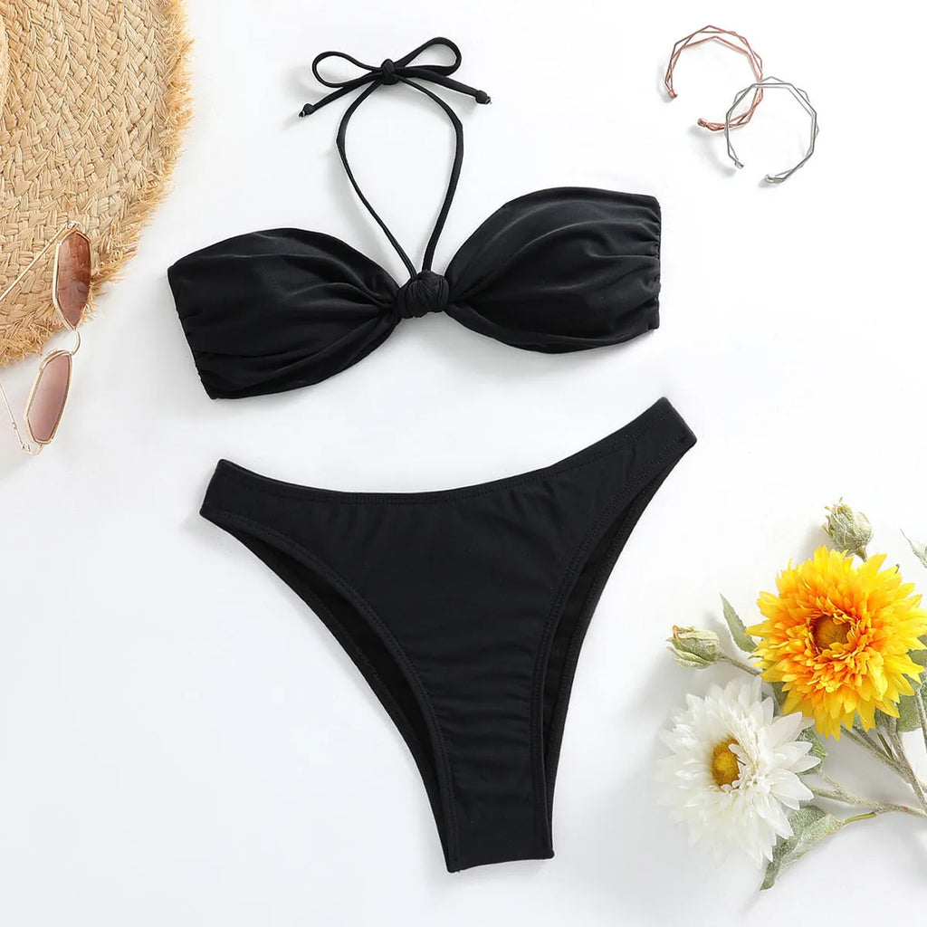 Black women's bikini set with lace-up tube top and briefs in polyester fabric