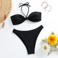 Black women's bikini set with lace-up tube top and briefs in polyester fabric