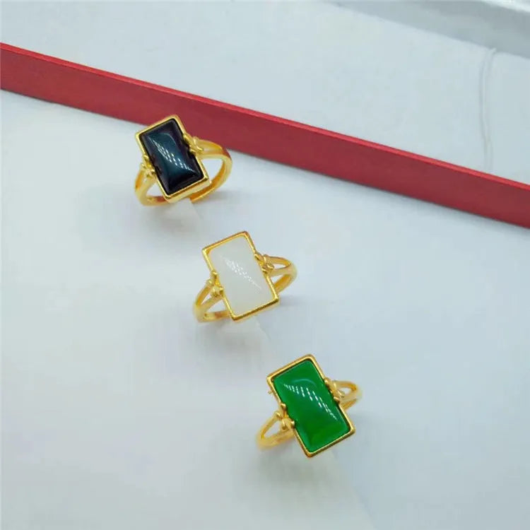 Adjustable national style brass gold-plated ring with gemstone inlay in black, green or white options