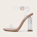 Apricot women's high heel sandals with glass heels, a round toe, and a buckle fastening.