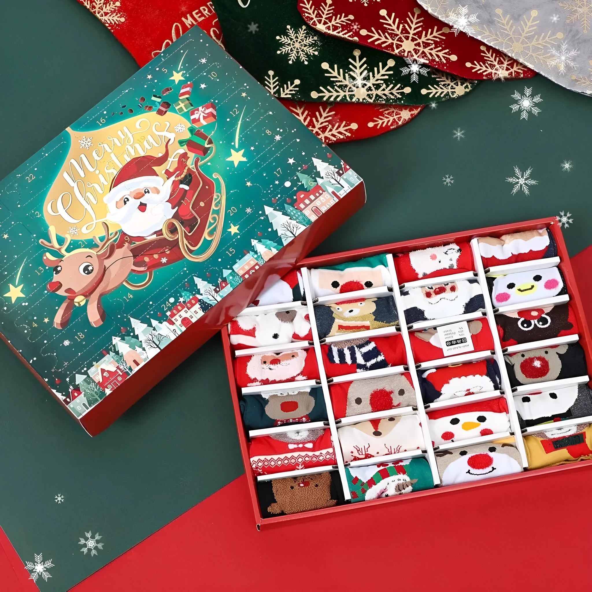 Christmas Socks Blind Box with seven variations of resin and plastic miniature holiday decorations