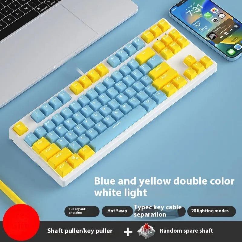 87-key wired mechanical gaming keyboard with colourful keycaps on a metal frame, shown with key puller and cable.