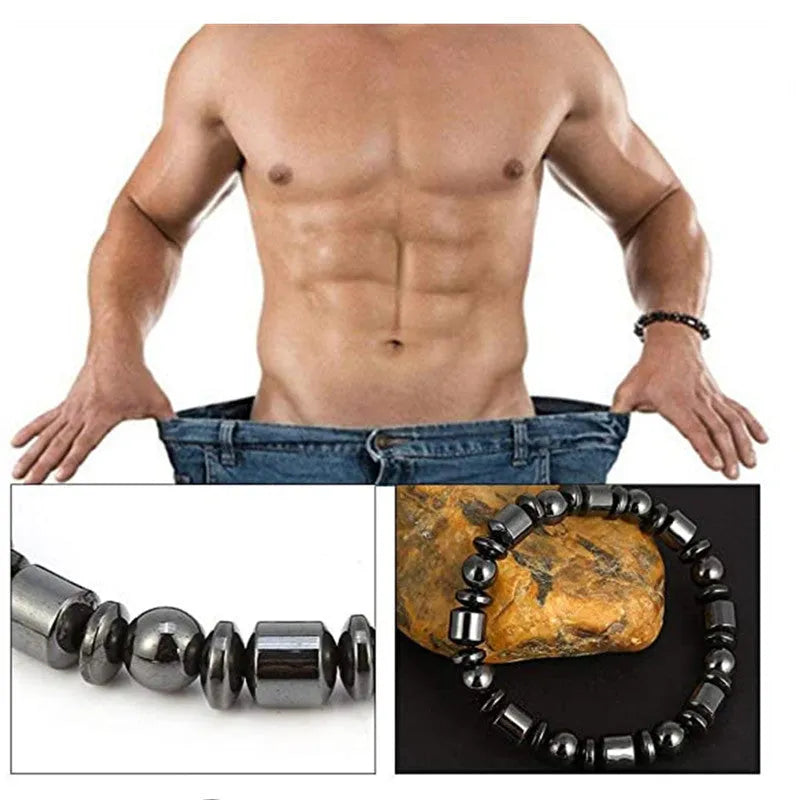 Black pentagram stone magnetic therapy bracelet with a stretch band for men and women.