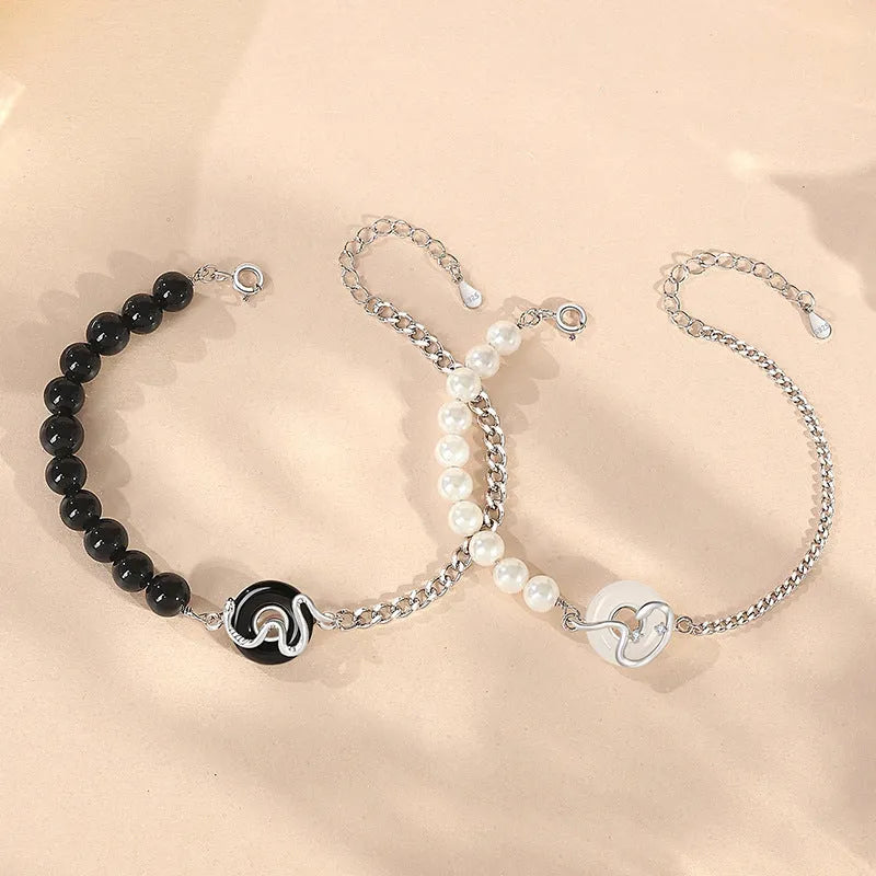 New Chinese style 925 sterling silver snake zodiac couple bracelet with obsidian pearls and safe buckle.