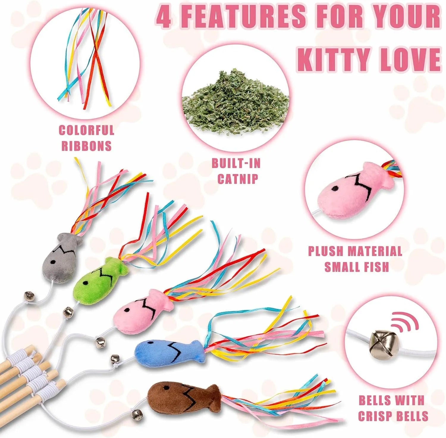 Cat wand toy with colourful ribbons, catnip fish and bell on 40cm wooden handle