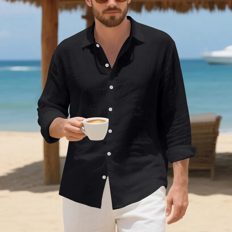 Loose-fitting linen casual shirt in light blue, showing long sleeves and non-ironed texture.