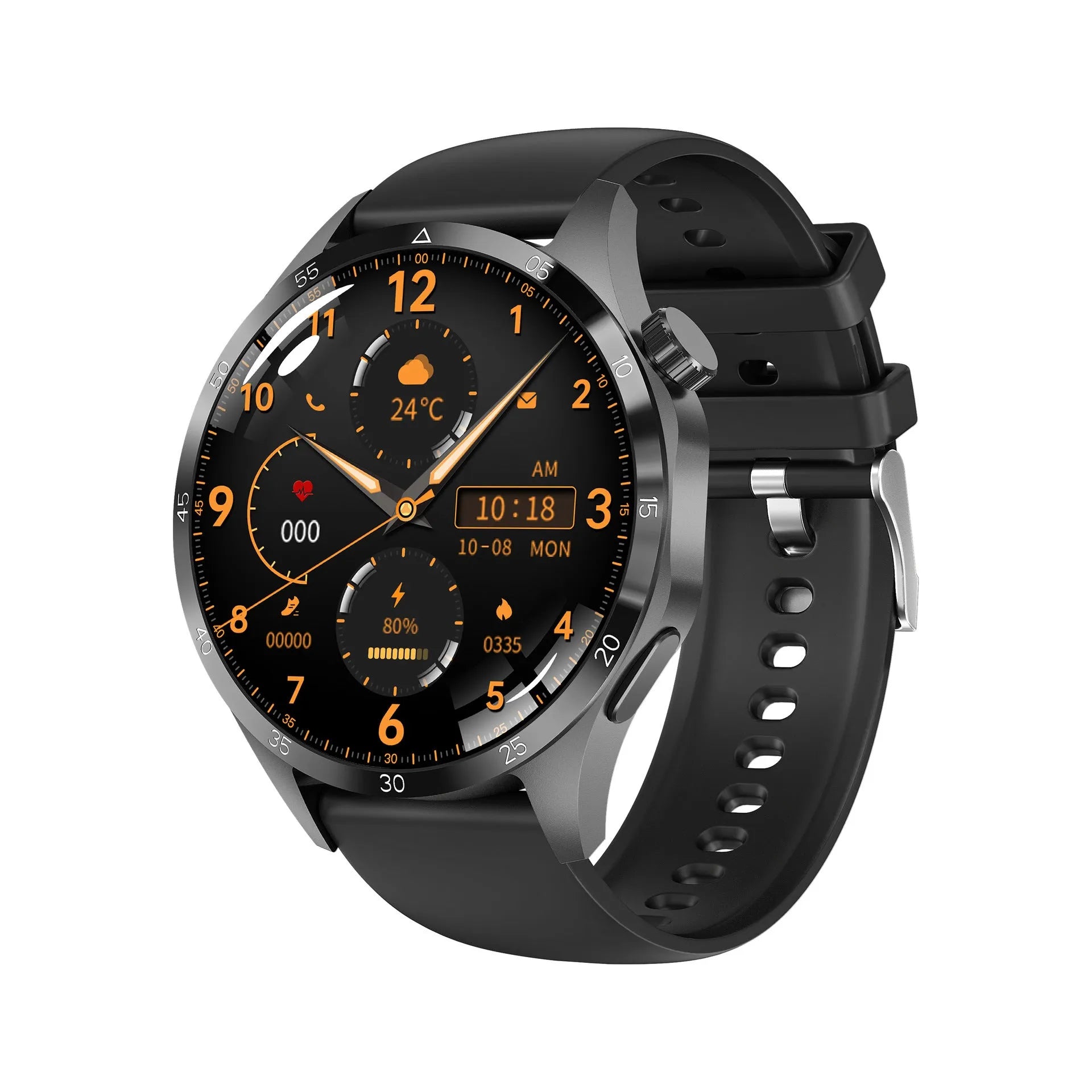 Black smartwatch with Bluetooth calling on a silicone strap, displaying health metrics on its screen.