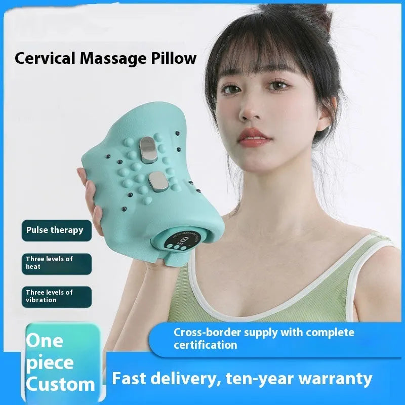 Blue-green portable neck massage pillow with EMS and hot compress, 17x10x12 cm
