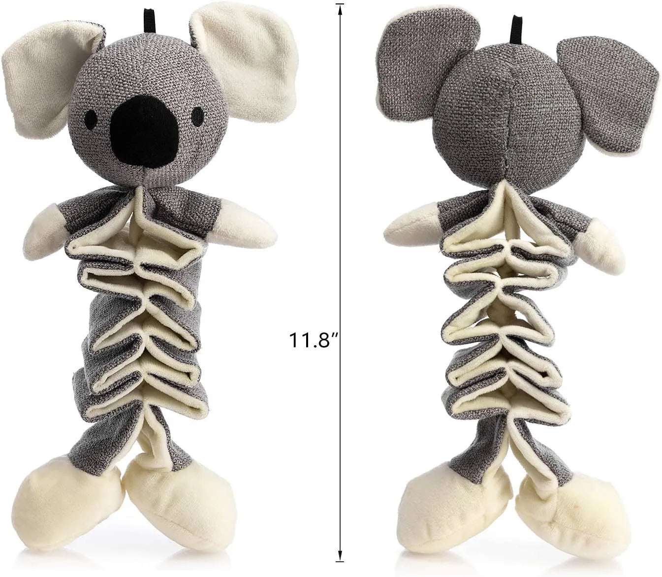 Grey koala dog chew toy with squeaker and crinkle paper, measuring 30cm long.