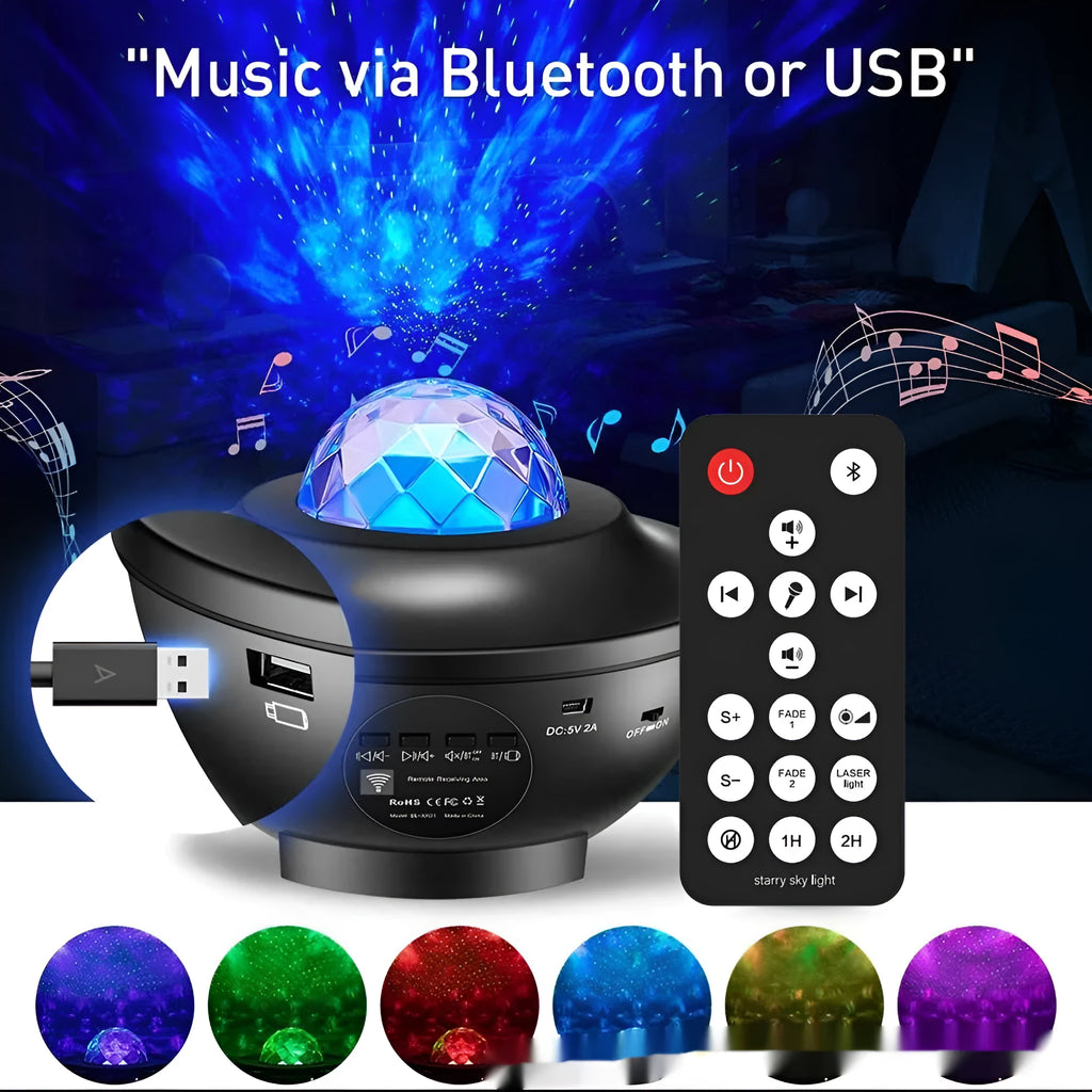 Black USB Bluetooth starry sky projection lamp with rotating water ripple laser effects on desktop
