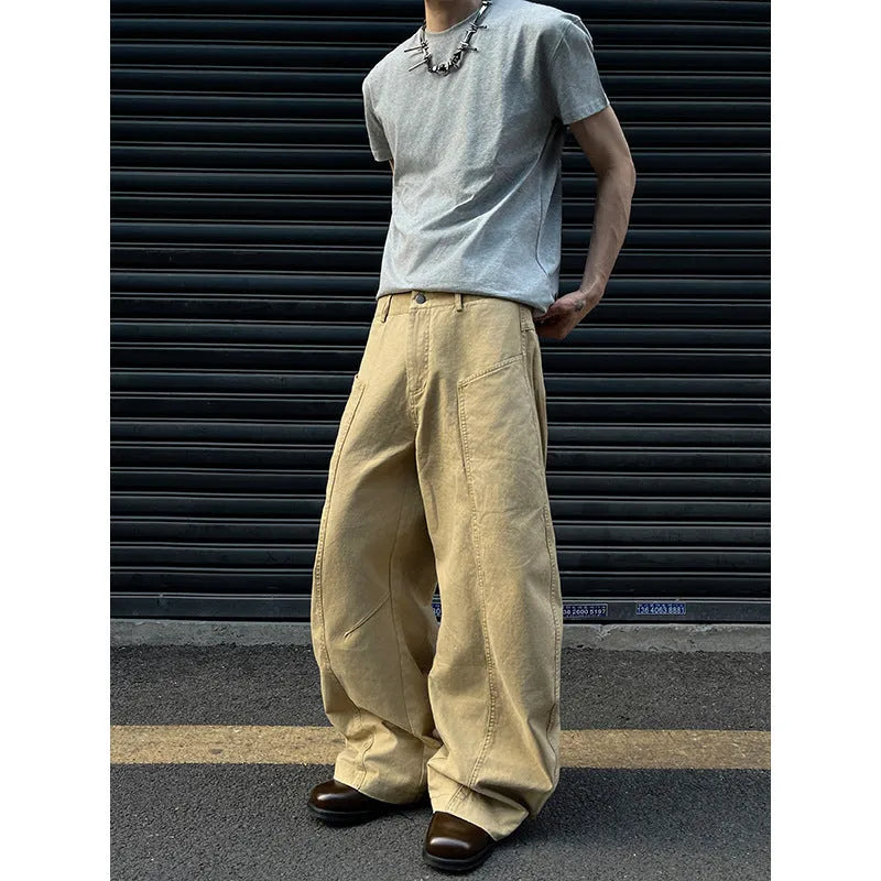 American retro solid colour khaki straight pants for men on plain background