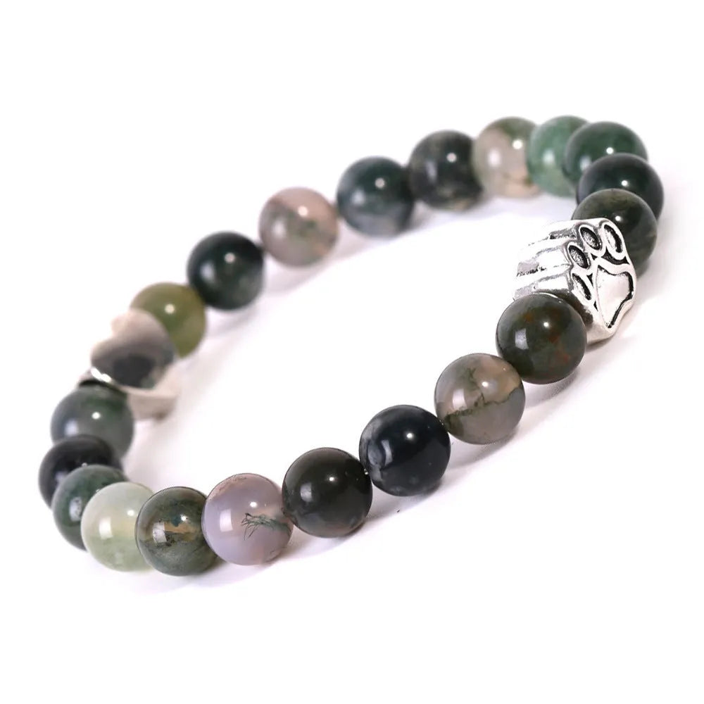 Tigereye stone bracelet with geometric dog's paw charm and heart charm in beaded construction
