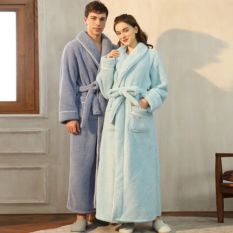 Thick flannel couple's bathrobe set in winter colours like Angola red and navy blue, shown in M size.