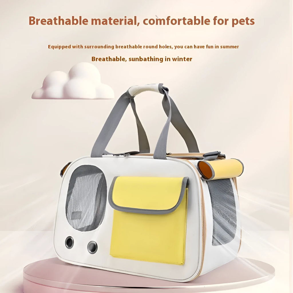 Yellow foldable canvas pet shoulder bag with large capacity and a single shoulder strap.