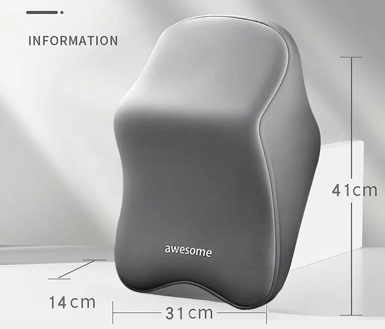 Memory foam car pillow set showing black headrest pillow and lumbar support pillow on a car seat