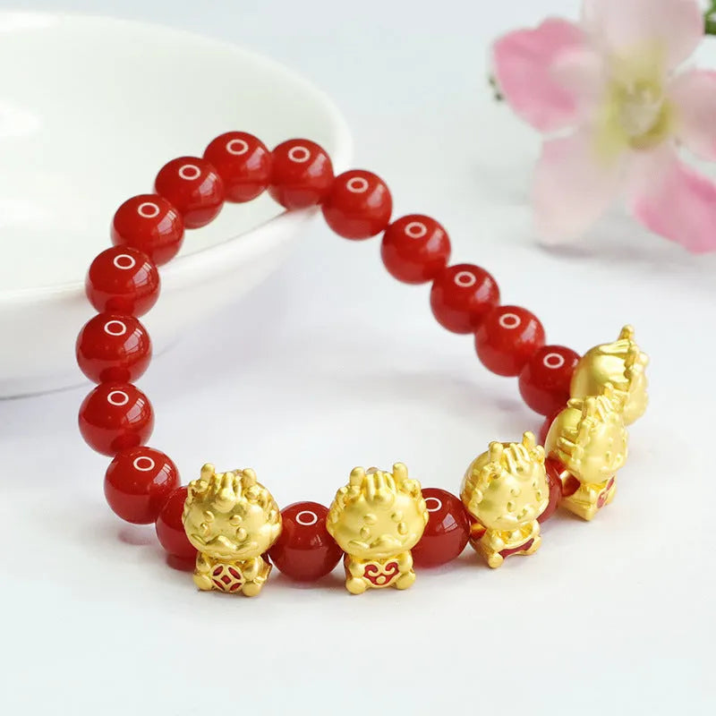 Natural red agate five blessing dragon bracelet 8mm Chinese style beaded wrist jewellery