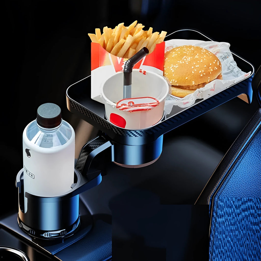 Black ABS plastic car-mounted rotating dinner tray holder attached to vehicle cup holder