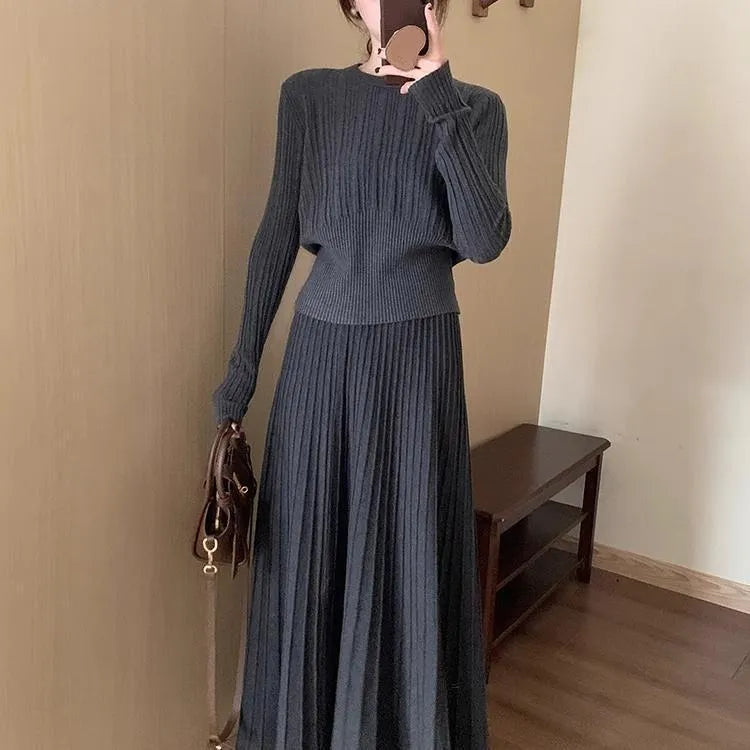 Dark grey knitted dress suit set with ethnic style collage stitching and 3D pattern