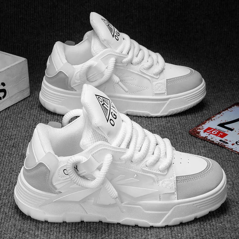 Men's white chunky Harajuku-style sneakers with thick rubber sole and lace-up front.