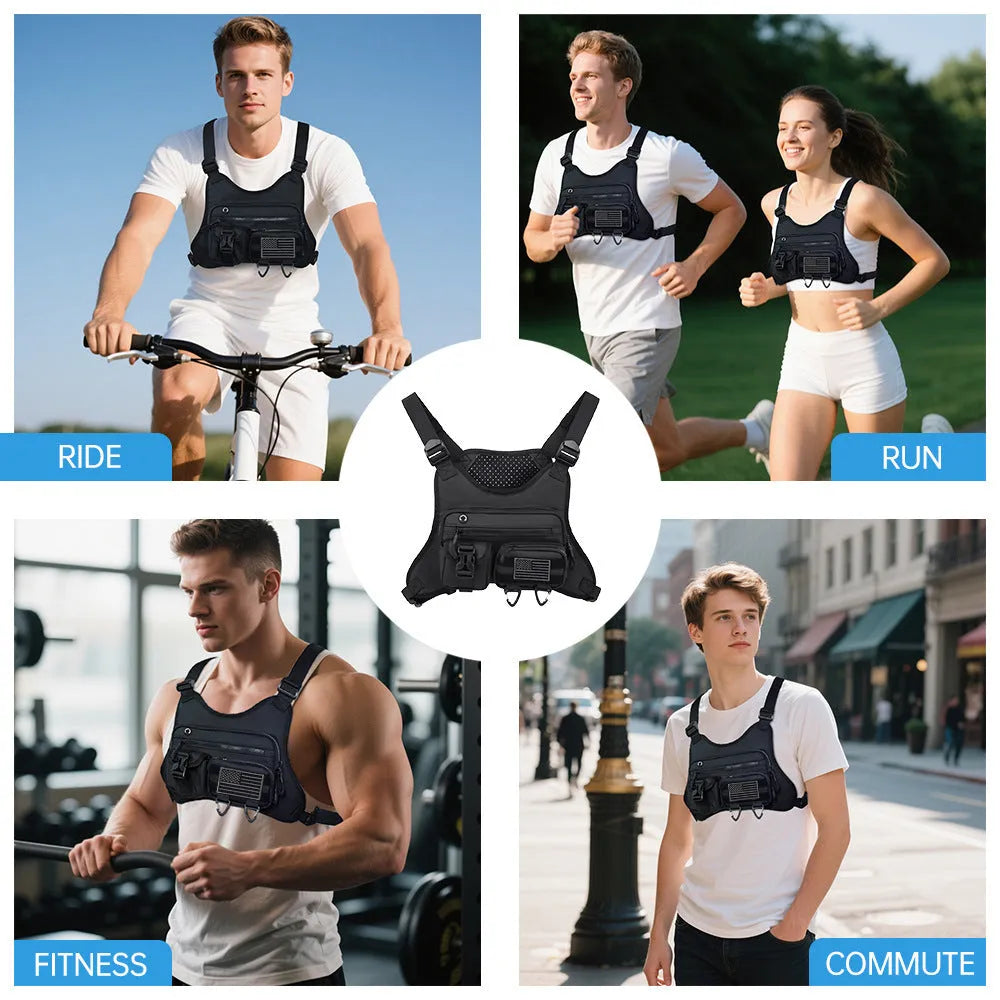 Outdoor sports chest bag breathable vest for men Oxford cloth black colour with sewing line details