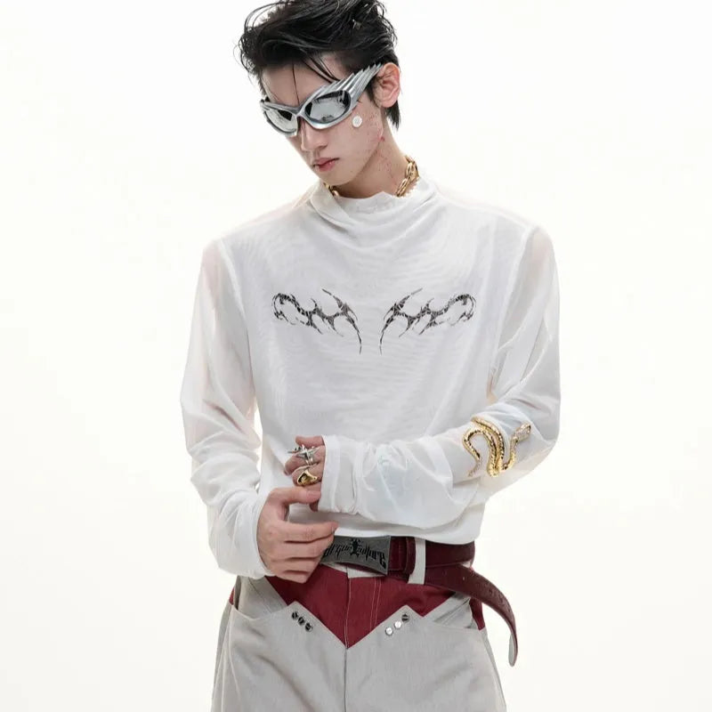 Black slim-fit long sleeve mesh shirt with a cooling ice-feel texture, shown on a model.