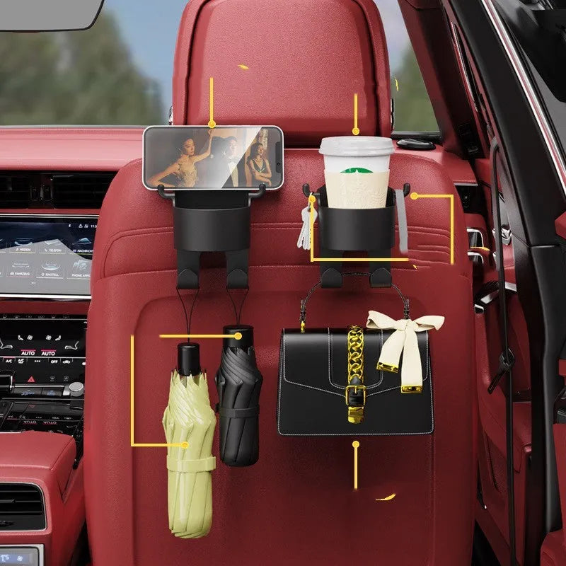 Black plastic car seat back organiser with a cup holder and a hook.