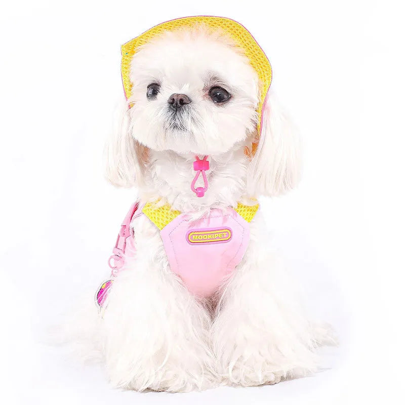 Pink polyester traction vest for small dogs suitable for Bichon Teddy and Schnauzer breeds