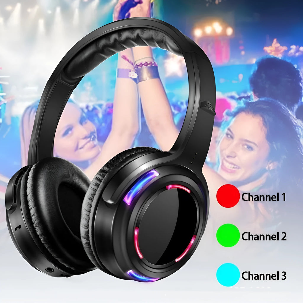Black silent disco headphones with headband design and 40mm drivers for wireless party events