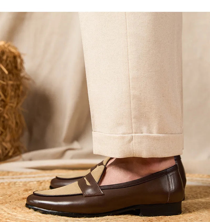Coffee grey suede leather British-style slip-on loafers with rubber sole