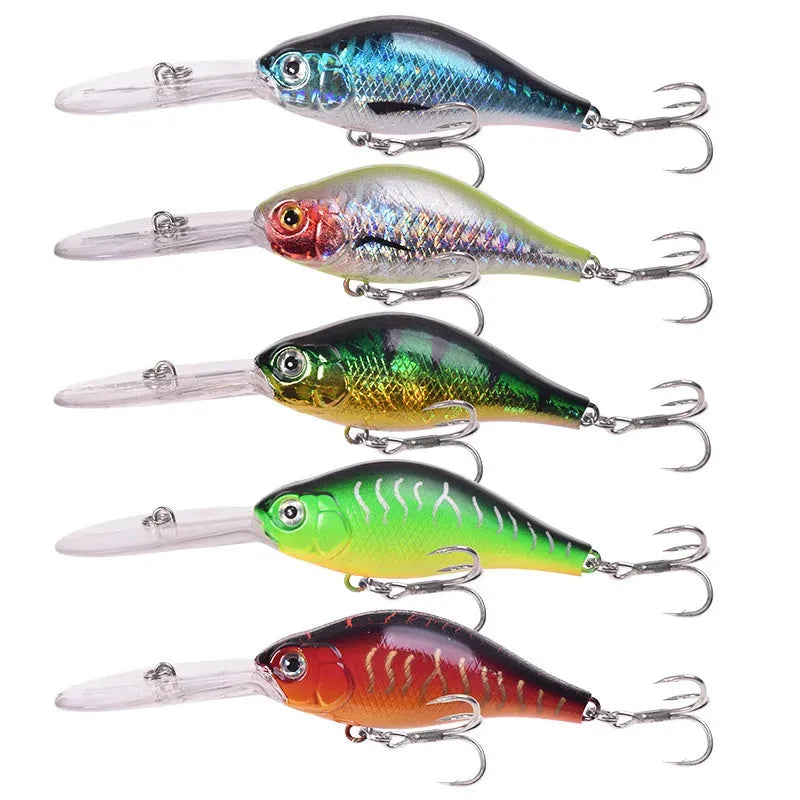 Deep diving fishing lure with long lip, 10.5cm length, in assorted colour patterns