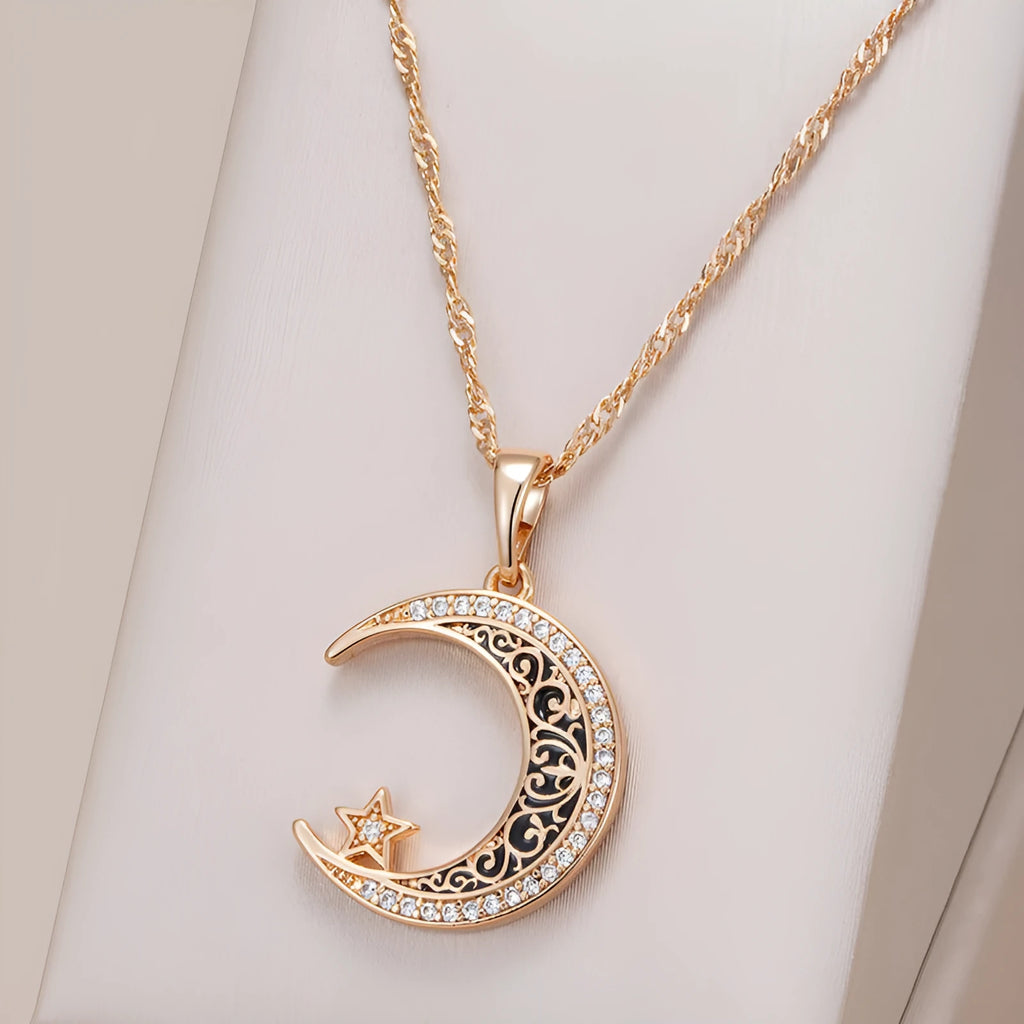Rose gold star moon enamel zircon pendant necklace with adjustable water wave chain on display
