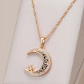 Rose gold star moon enamel zircon pendant necklace with adjustable water wave chain on display