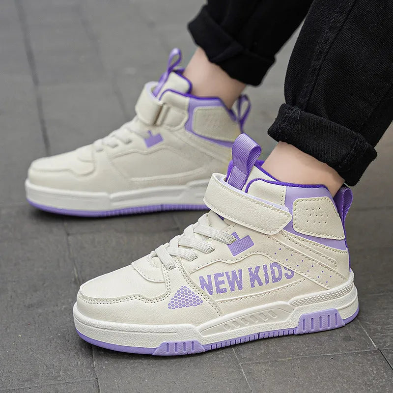 Children's coloured buckle-closure outdoor sneakers on a white background showing PU upper and rubber sole