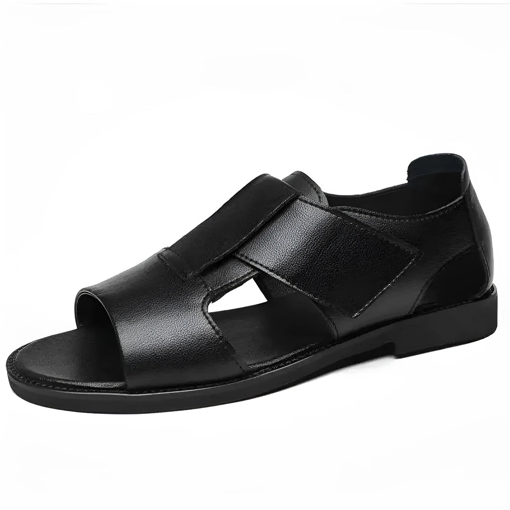 Men's black and brown Roman-style casual leather sandals with open toe and rubber sole