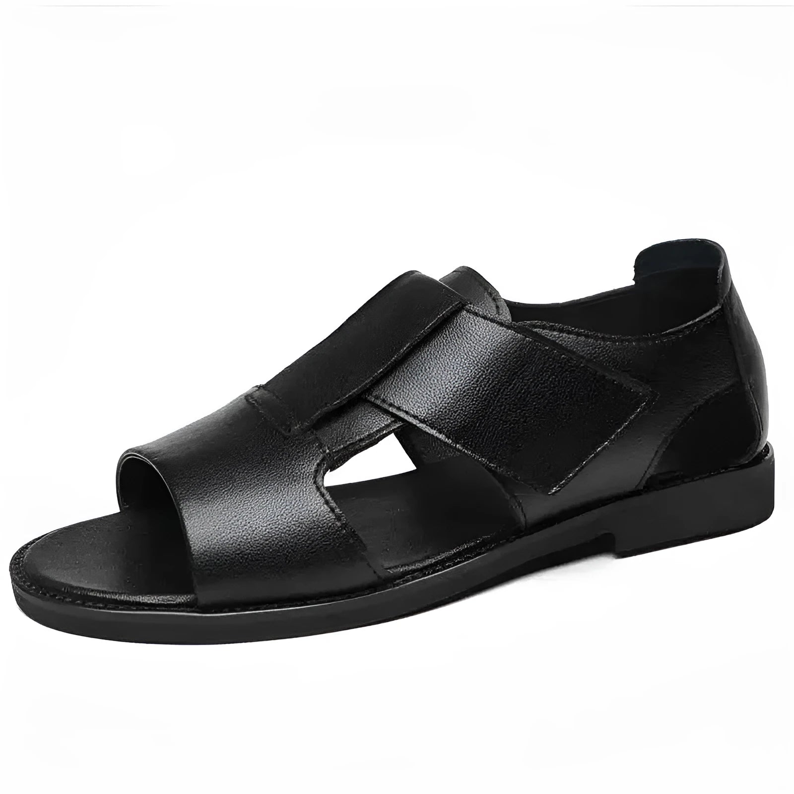 Men's black and brown Roman-style casual leather sandals with open toe and rubber sole