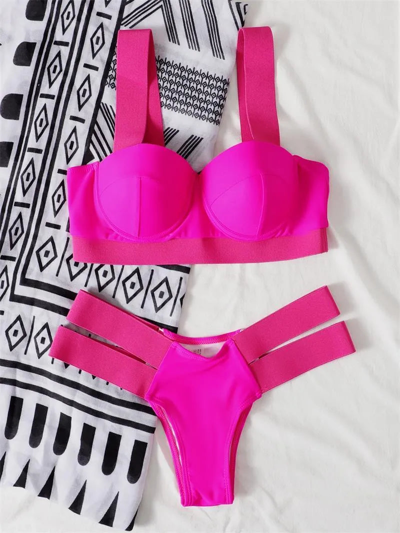 Women's rose red bikini swimsuit with push-up padding on a mannequin, showing front and back views.