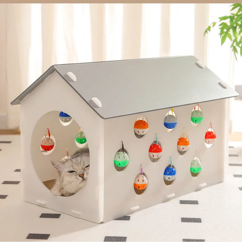 Integrated cat scratch board with tunnel and bell ball plastic toy