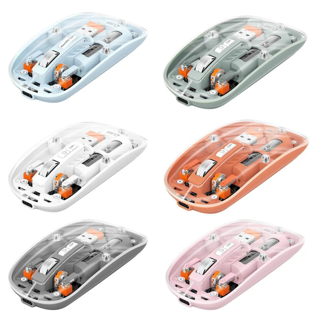 Transparent wireless computer mouse showing internal components with compact plastic design