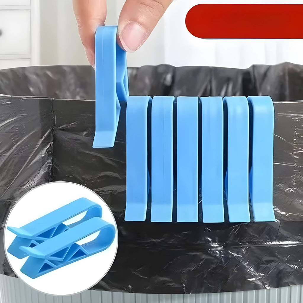 A white polypropylene garbage bag fixing clip holding a black bin liner to the rim of a metal trash can.