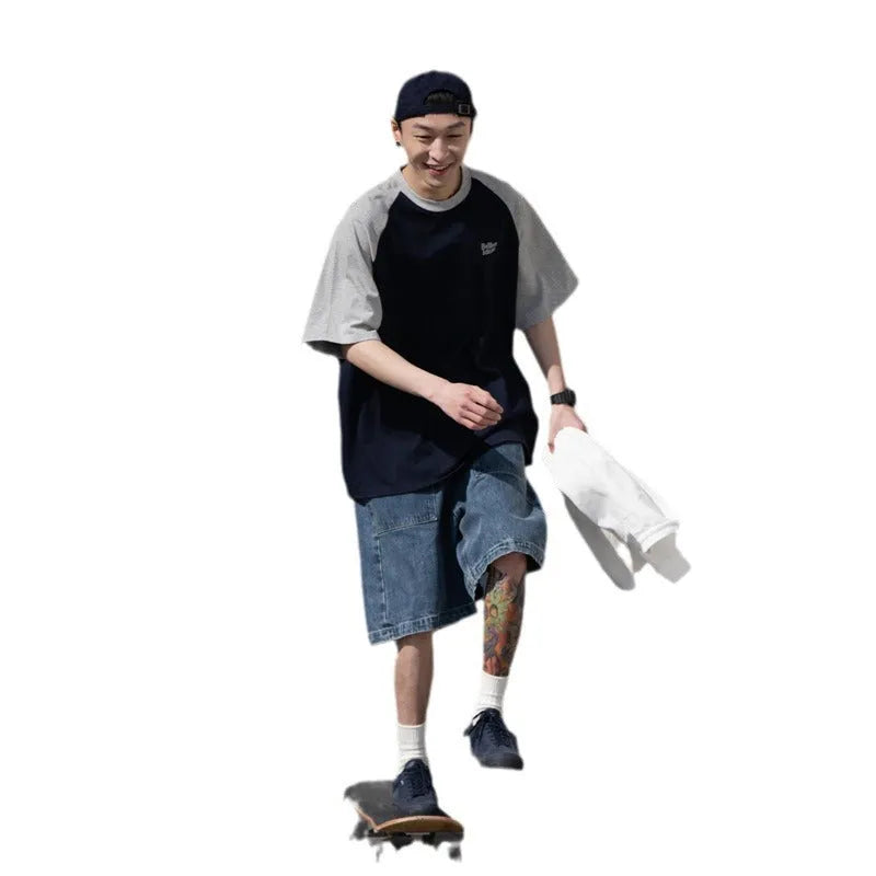 Men's casual Japanese raglan sleeve t-shirt in gray, loose fit, thin chemical fibre blend, pullover style