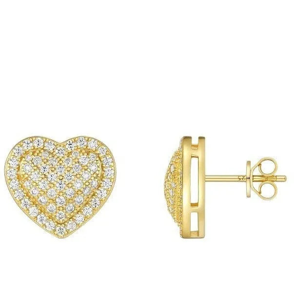 A pair of simple S925 sterling silver stud earrings with a gold-coloured finish and a heart-shaped moissanite stone.