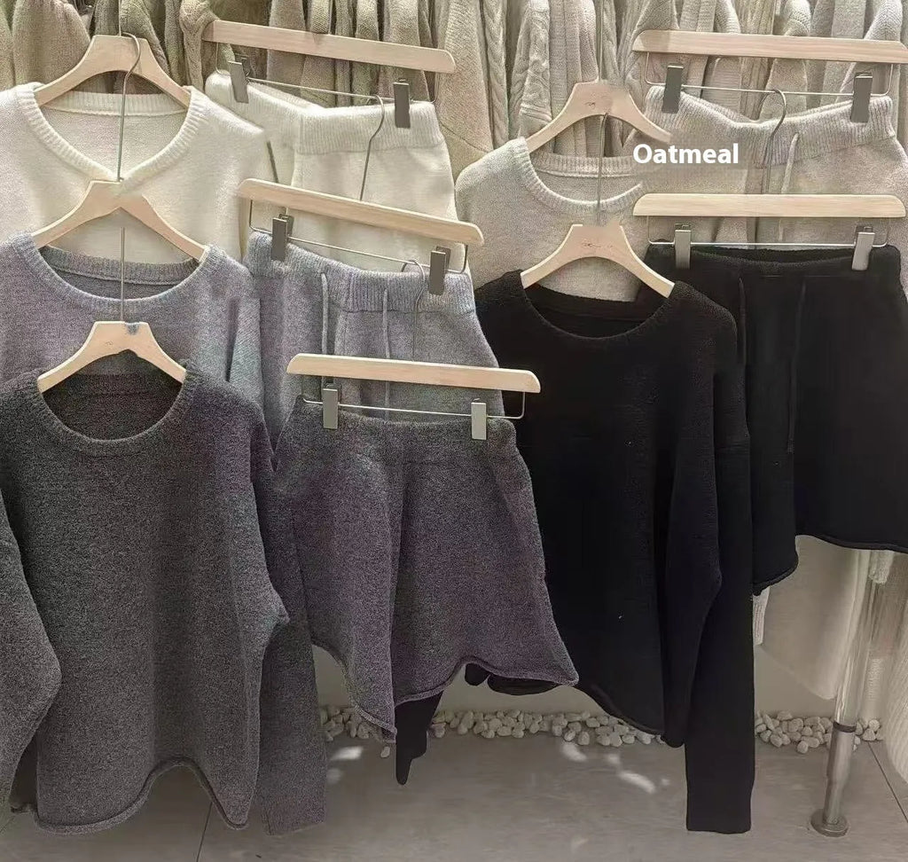 Women's loose-fitting sweater and knitted wide leg shorts two-piece set in multiple colour options